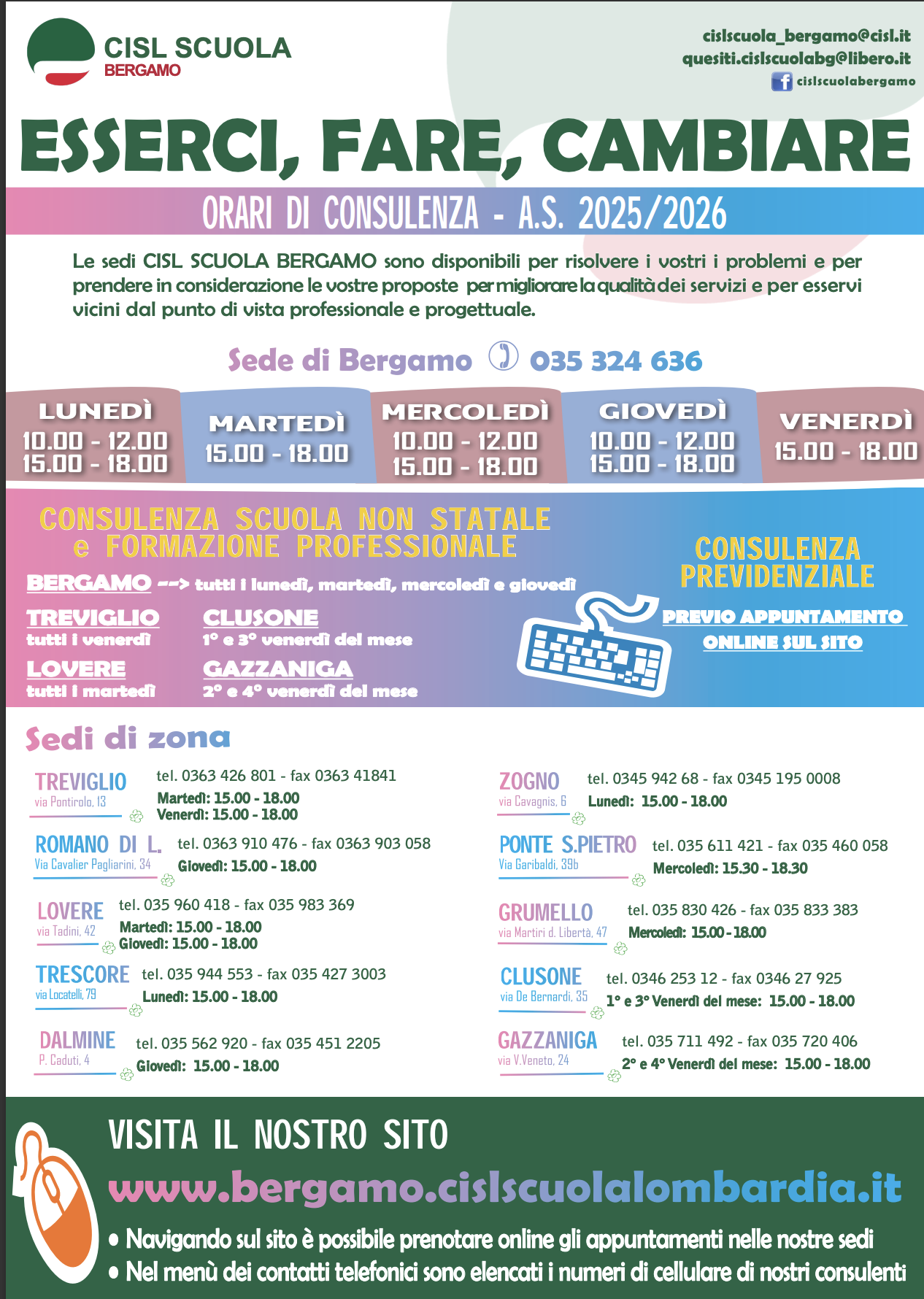 Orari Consulenza  CISL Scuola Bergamo 2025-26
