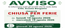 Chiusura estiva della sede CISL Scuola Bergamo: le date da segnare in agenda